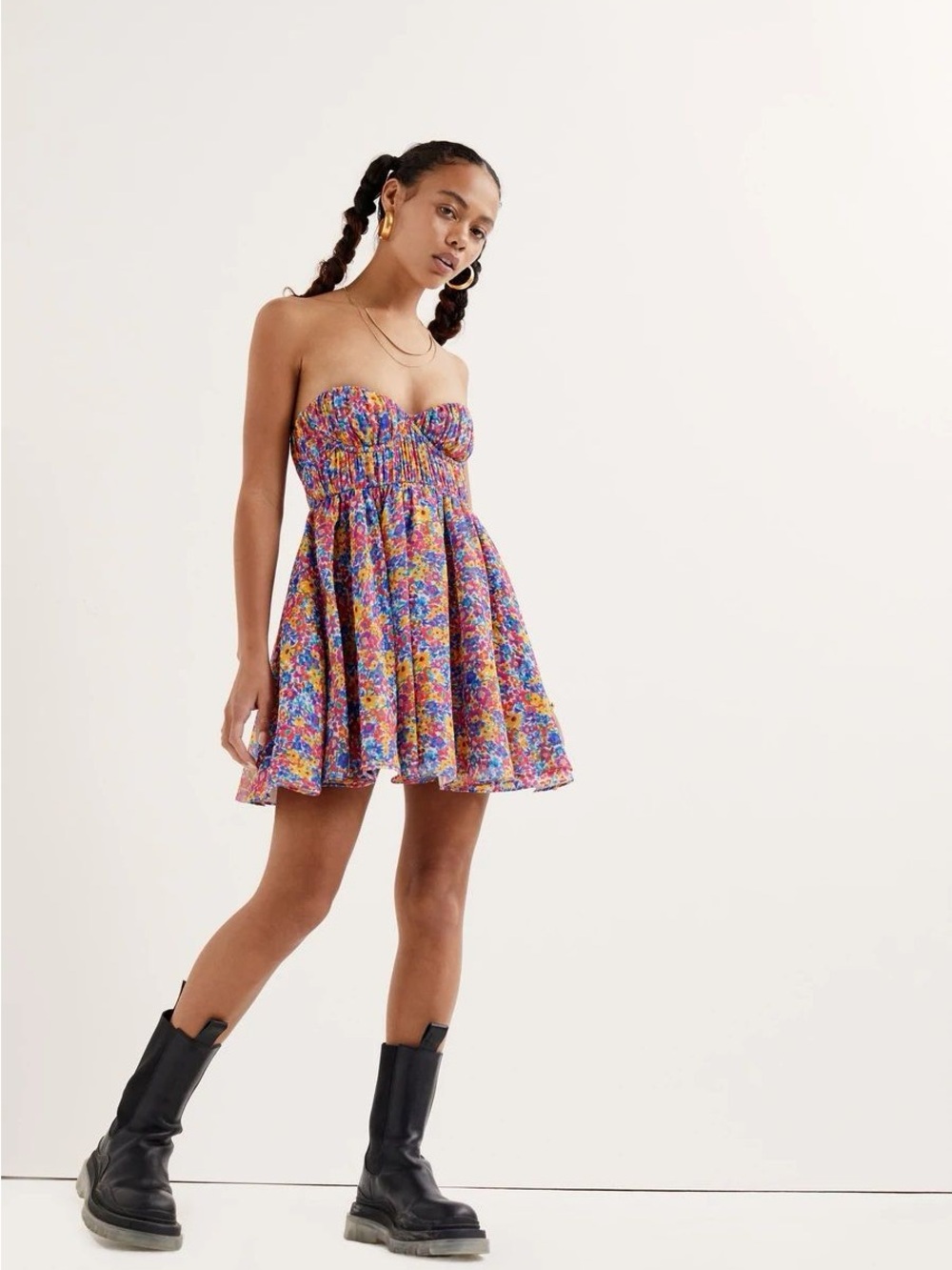For Love & Lemons Strapless Floral Mini Dress - Blue, Pink, Yellow